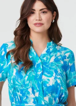 Izabel London Blue Printed Short Sleeve Tie Waist Midi Dress