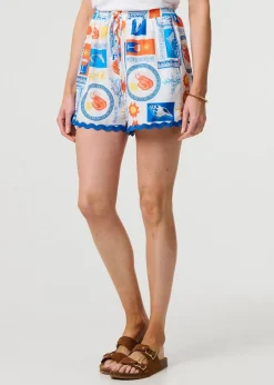 Izabel London Blue Printed High Waist Relaxed Shorts
