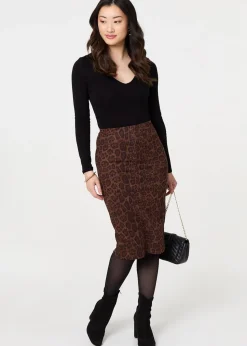 Izabel London Brown Animal Print Knee Length Pencil Skirt