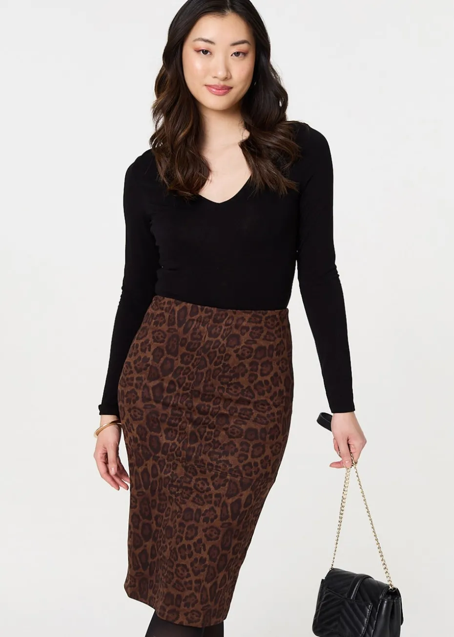 Izabel London Brown Animal Print Knee Length Pencil Skirt