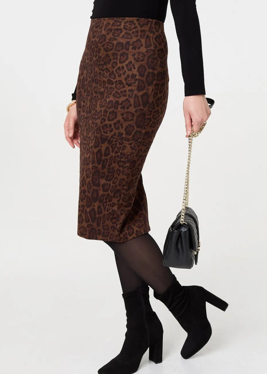 Izabel London Brown Animal Print Knee Length Pencil Skirt