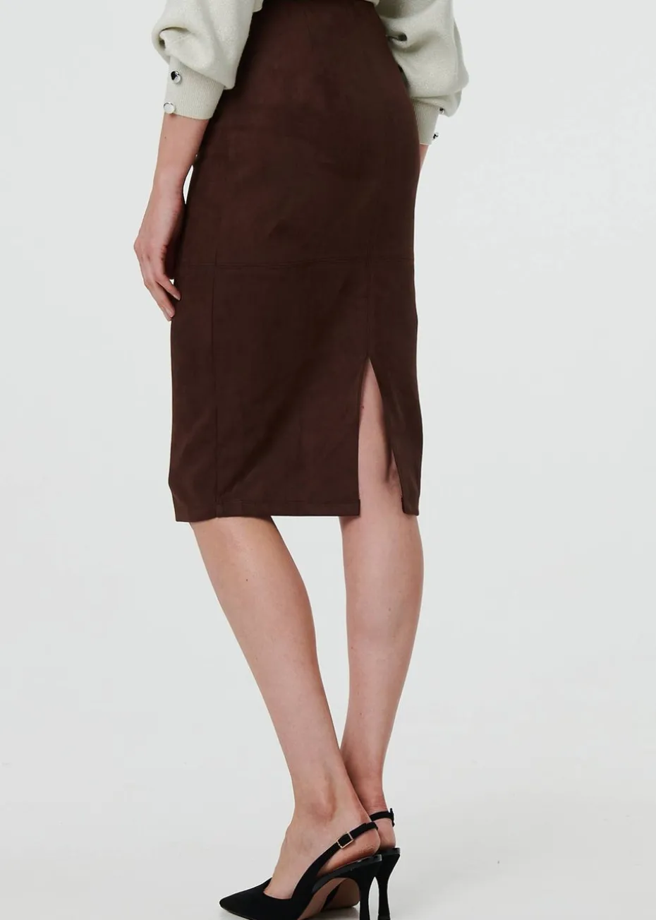 Izabel London Brown Faux Suede Knee Length Pencil Skirt