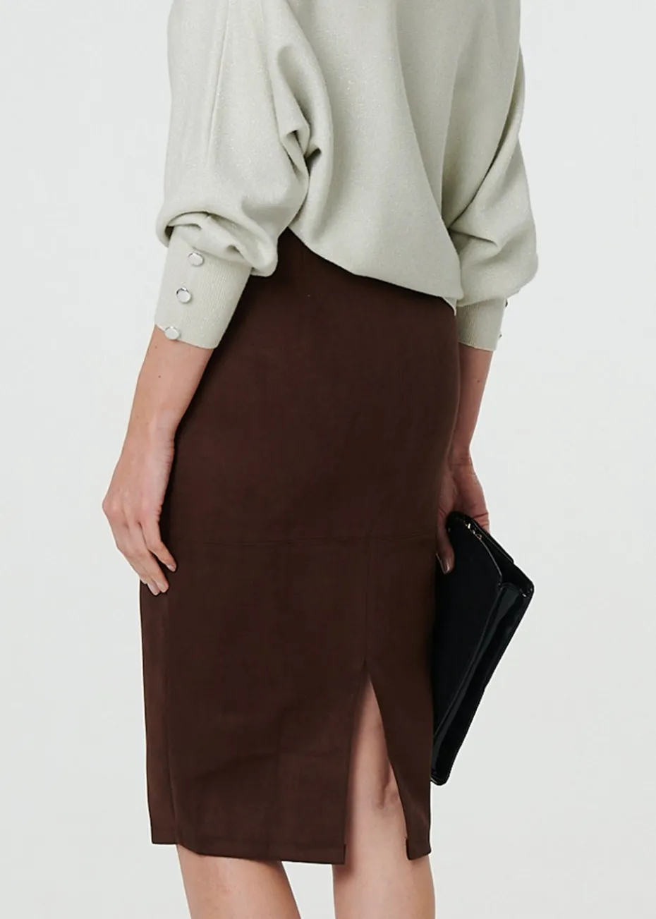 Izabel London Brown Faux Suede Knee Length Pencil Skirt