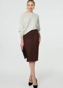 Izabel London Brown Faux Suede Knee Length Pencil Skirt