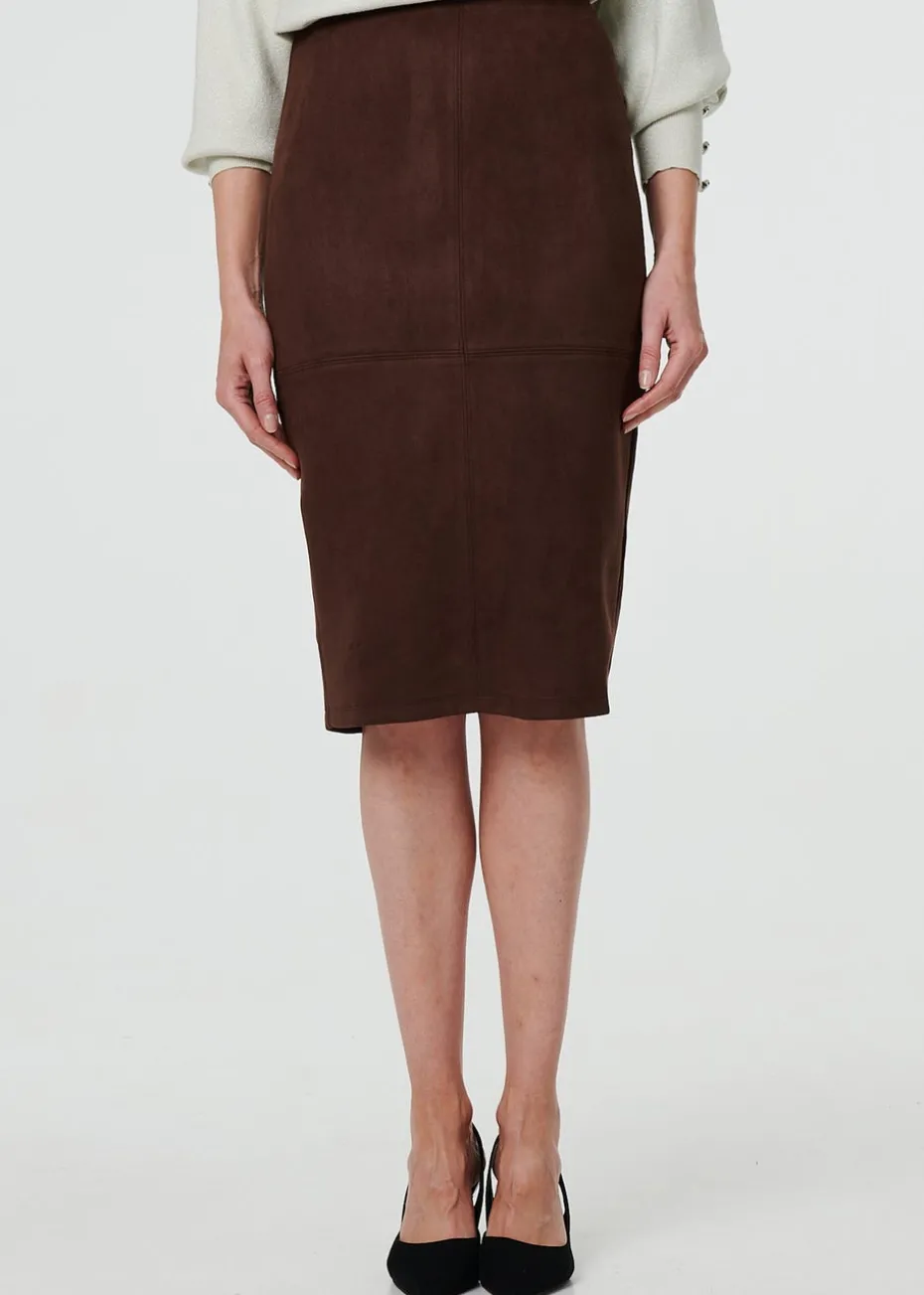 Izabel London Brown Faux Suede Knee Length Pencil Skirt