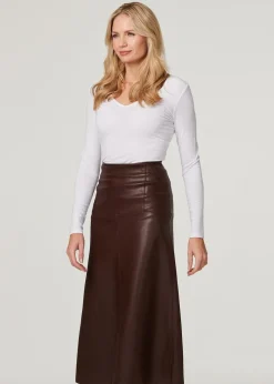 Izabel London Brown Faux Leather High Waist Midi Skirt