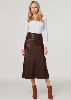 Izabel London Brown Faux Leather High Waist Midi Skirt