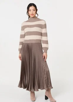 Izabel London Brown Striped High Neck Pleat Knit Maxi Dress