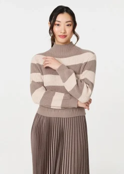 Izabel London Brown Striped High Neck Pleat Knit Maxi Dress