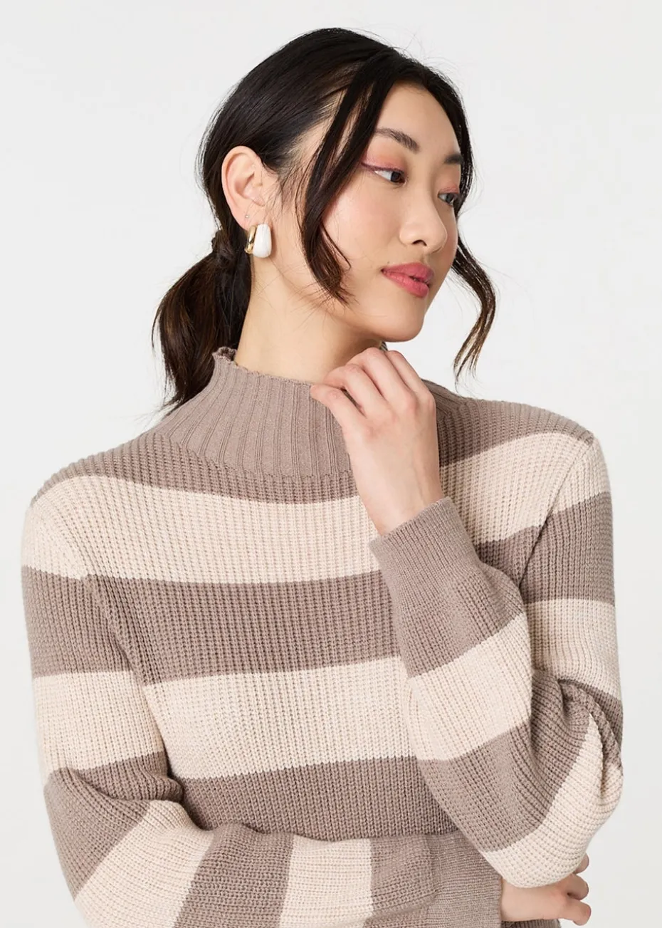 Izabel London Brown Striped High Neck Pleat Knit Maxi Dress