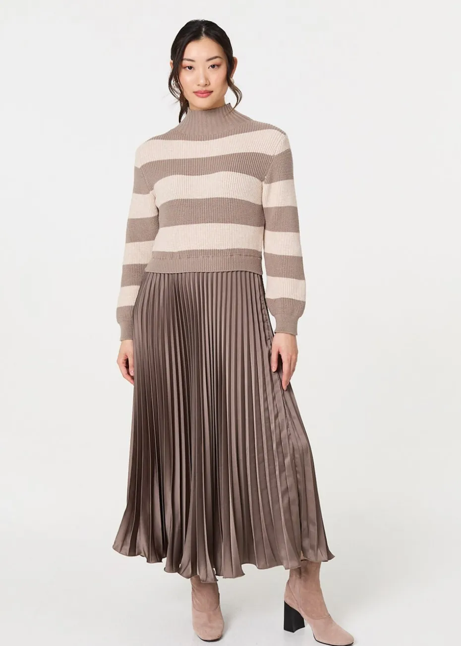 Izabel London Brown Striped High Neck Pleat Knit Maxi Dress