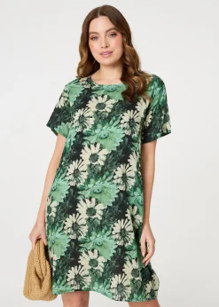 Izabel London Green Floral Short Sleeve Knee Length Shift Dress