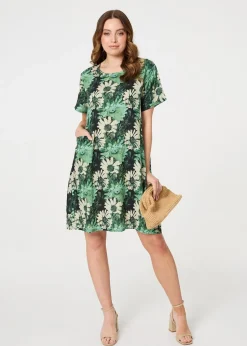 Izabel London Green Floral Short Sleeve Knee Length Shift Dress