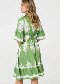 Izabel London Green Ikat Print Relaxed Short Dress