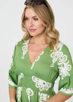 Izabel London Green Ikat Print Relaxed Short Dress