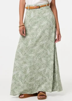 Izabel London Green Leaf Print Belt Detail Maxi Skirt