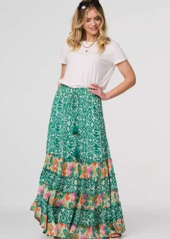 Izabel London Green Patchwork Tassel Tie High Waist Maxi Dress