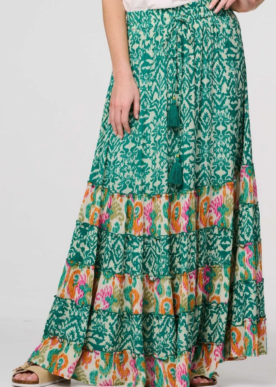 Izabel London Green Patchwork Tassel Tie High Waist Maxi Dress