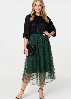 Izabel London Green Polka Dot Layered Mesh Midi Skirt