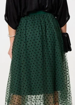 Izabel London Green Polka Dot Layered Mesh Midi Skirt