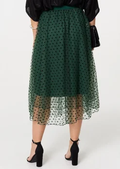Izabel London Green Polka Dot Layered Mesh Midi Skirt