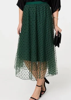 Izabel London Green Polka Dot Layered Mesh Midi Skirt