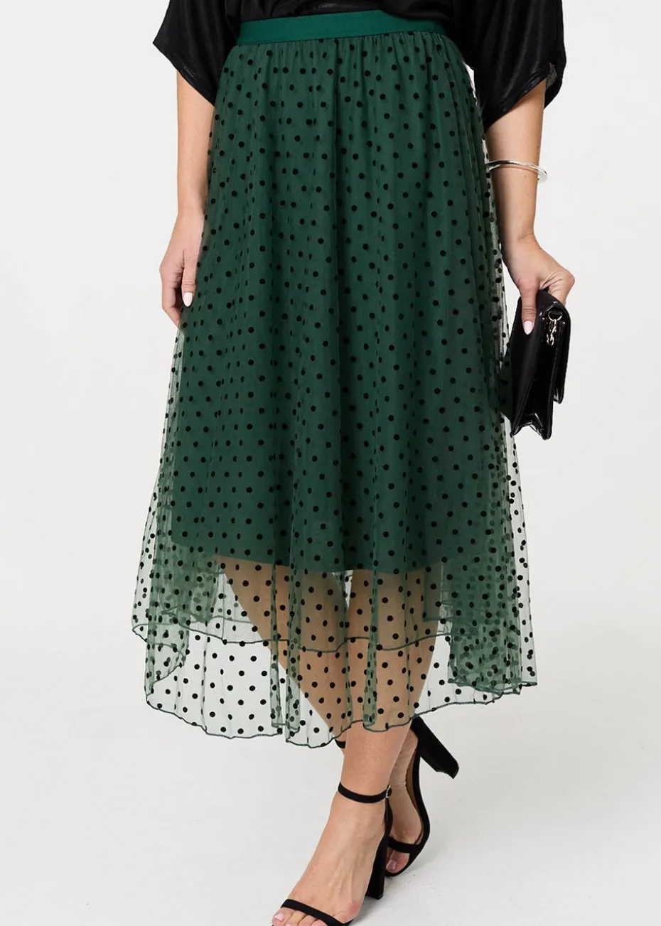 Izabel London Green Polka Dot Layered Mesh Midi Skirt