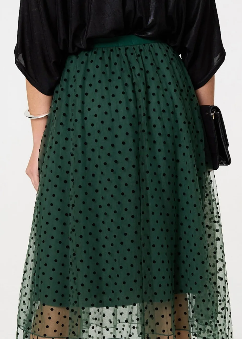 Izabel London Green Polka Dot Layered Mesh Midi Skirt