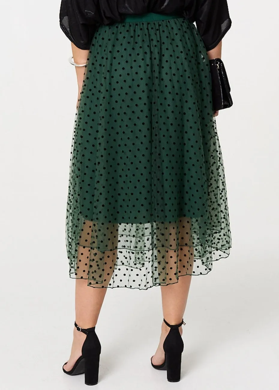 Izabel London Green Polka Dot Layered Mesh Midi Skirt