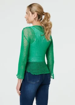 Izabel London Green Sheer 3/4 Sleeve Open Front Cardigan