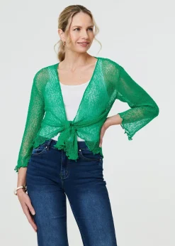 Izabel London Green Sheer 3/4 Sleeve Open Front Cardigan