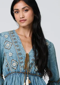 Izabel London Indigo Embroidered Tassel Detail Knee Length Dress