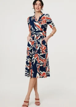 Izabel London Navy Floral V-Neck Pleated Midi Wrap Dress