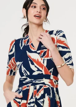 Izabel London Navy Floral V-Neck Pleated Midi Wrap Dress