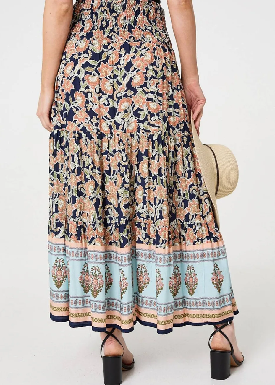 Izabel London Navy Floral Print High Waist Maxi Skirt