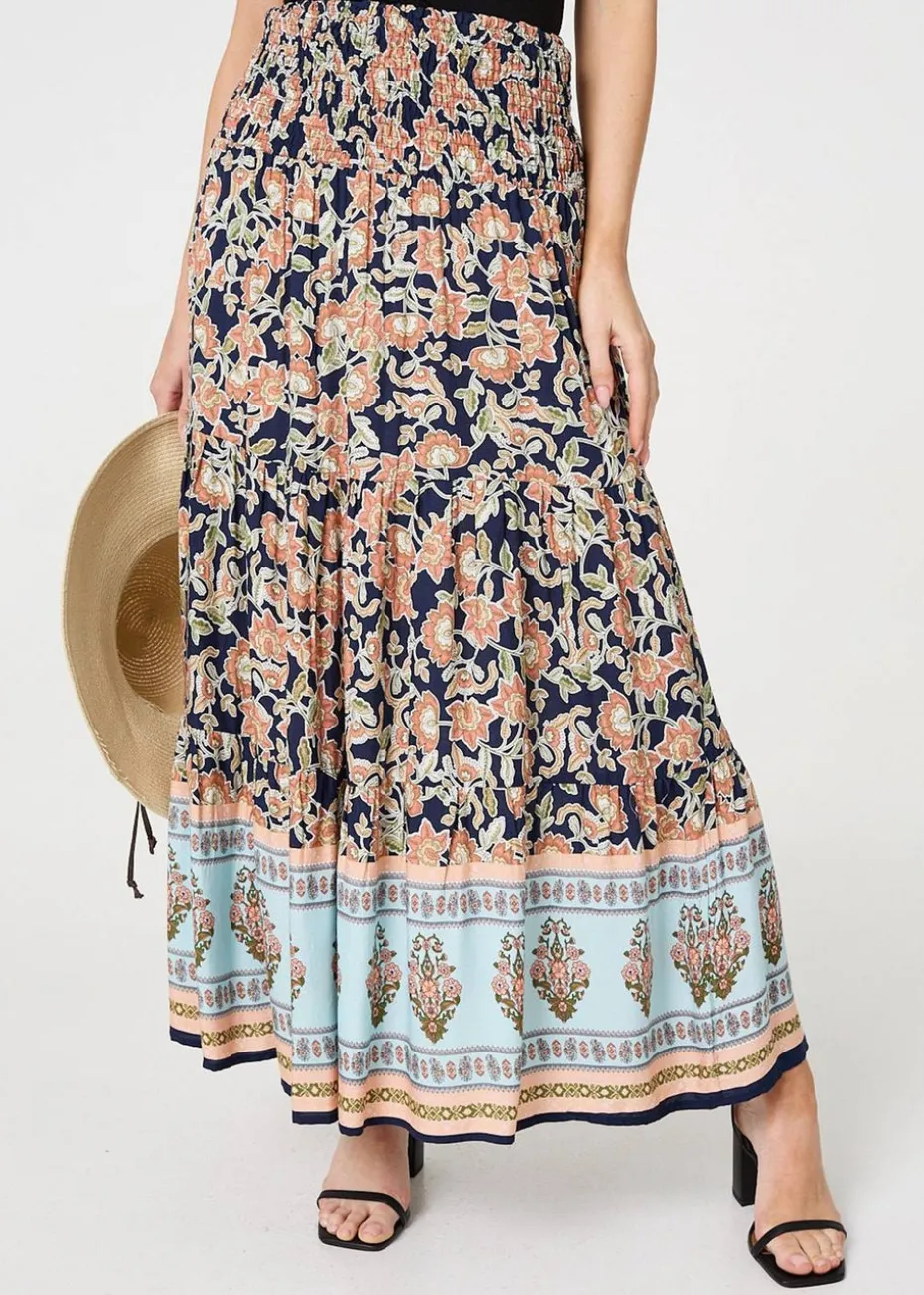 Izabel London Navy Floral Print High Waist Maxi Skirt