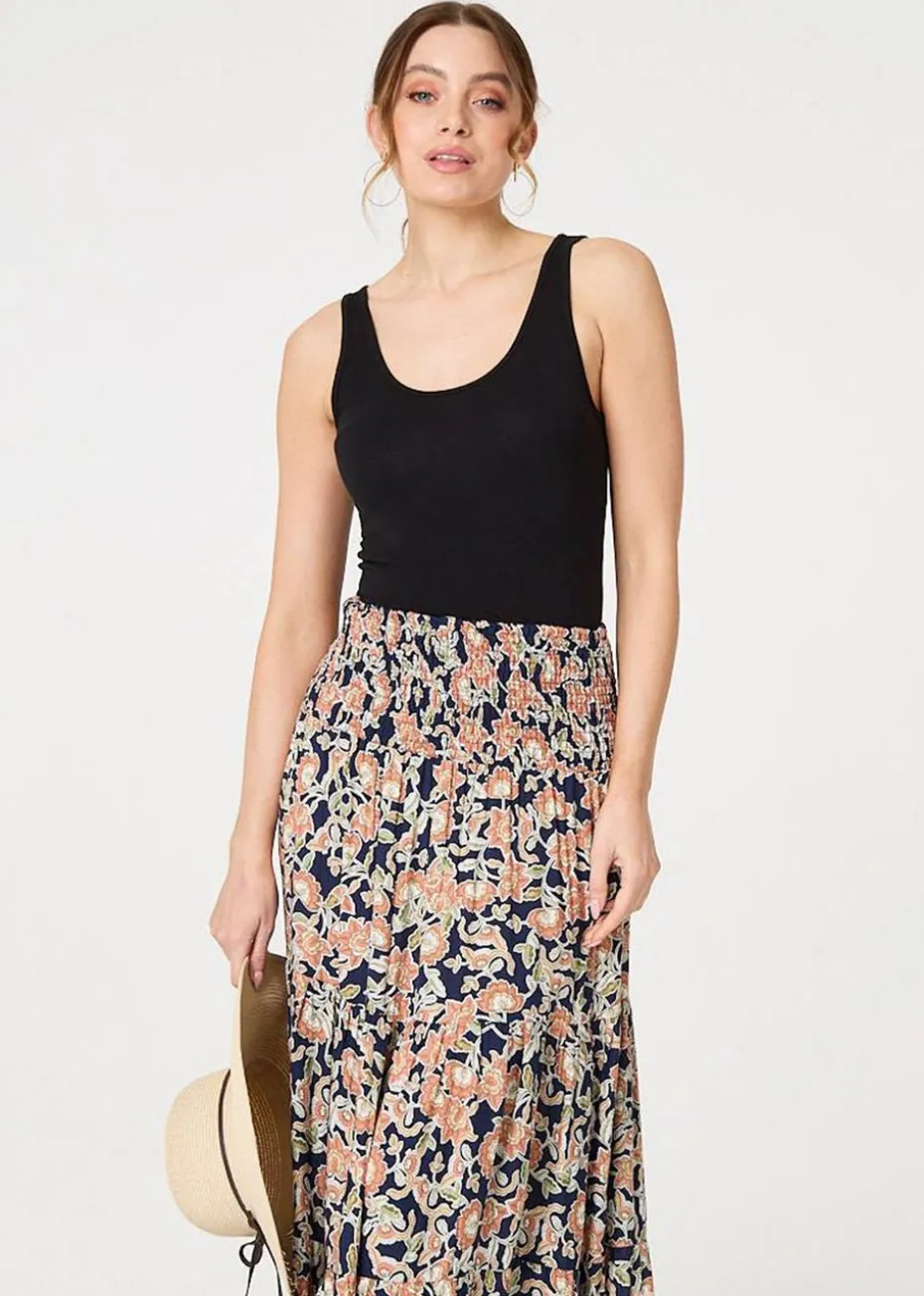 Izabel London Navy Floral Print High Waist Maxi Skirt