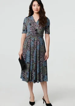 Izabel London Navy Leaf Print Faux Wrap Midi Dress
