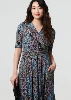 Izabel London Navy Leaf Print Faux Wrap Midi Dress
