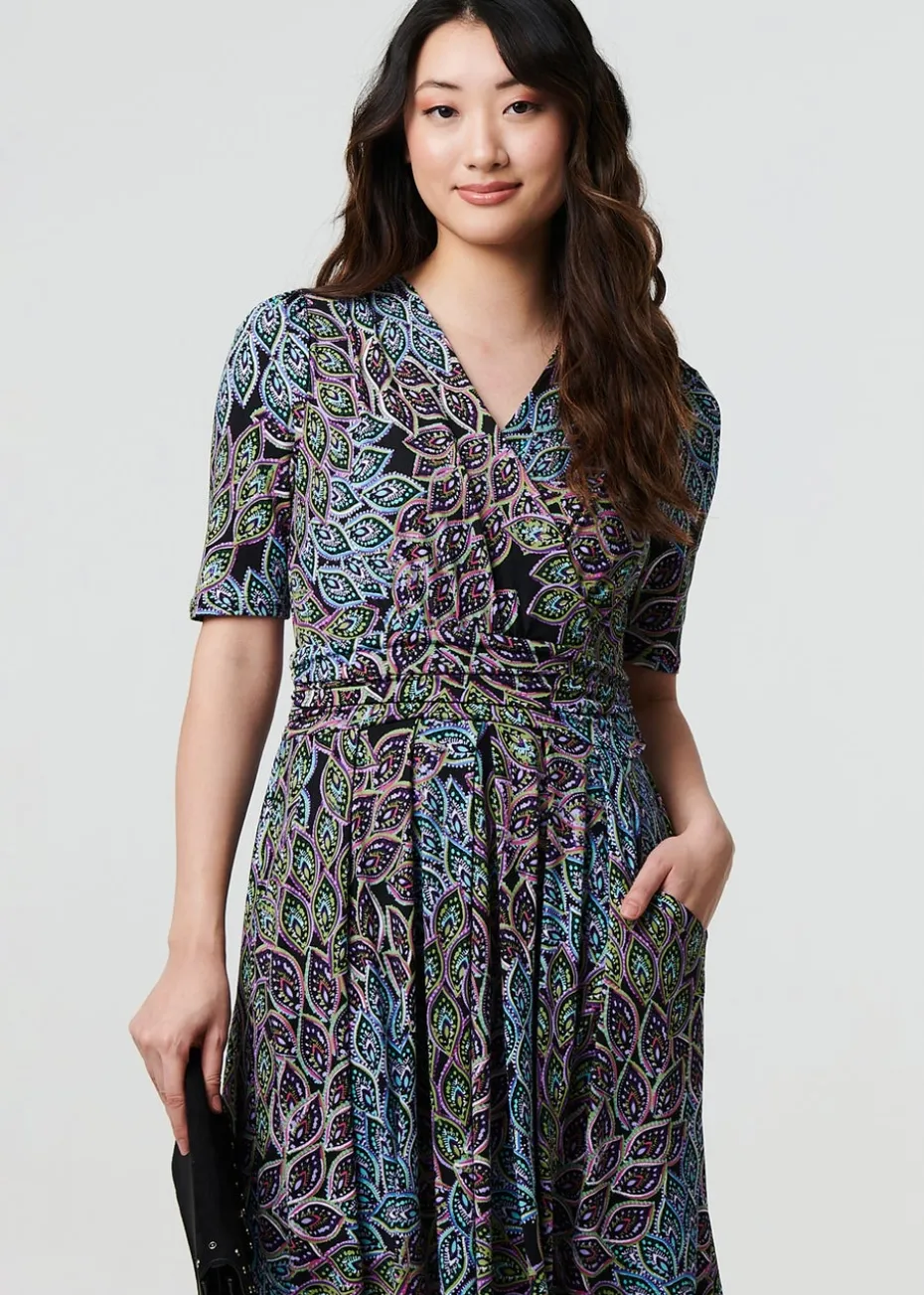 Izabel London Navy Leaf Print Faux Wrap Midi Dress