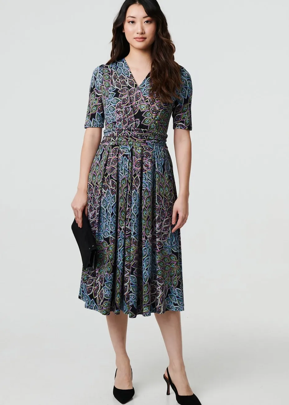 Izabel London Navy Leaf Print Faux Wrap Midi Dress