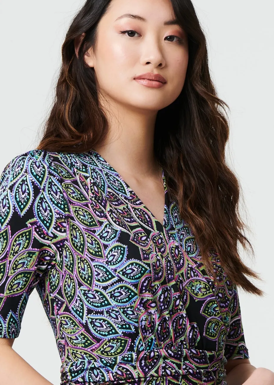 Izabel London Navy Leaf Print Faux Wrap Midi Dress