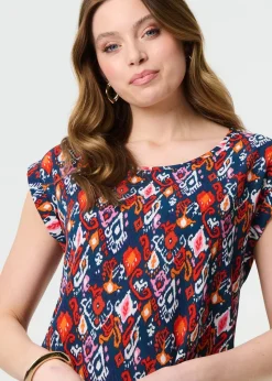 Izabel London Navy Printed Relaxed Cap Sleeve Shell Top