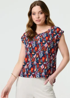 Izabel London Navy Printed Relaxed Cap Sleeve Shell Top