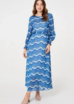 Izabel London Navy Printed Long Sleeve Tie Waist Dress