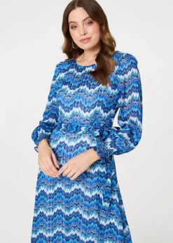 Izabel London Navy Printed Long Sleeve Tie Waist Dress