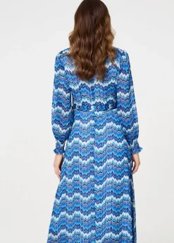 Izabel London Navy Printed Long Sleeve Tie Waist Dress