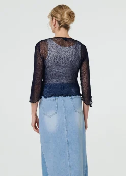 Izabel London Navy Sheer 3/4 Sleeve Open Front Cardigan