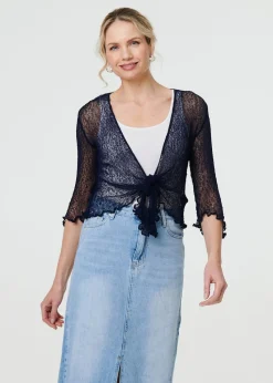 Izabel London Navy Sheer 3/4 Sleeve Open Front Cardigan