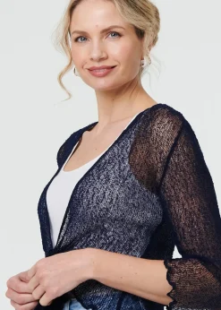 Izabel London Navy Sheer 3/4 Sleeve Open Front Cardigan